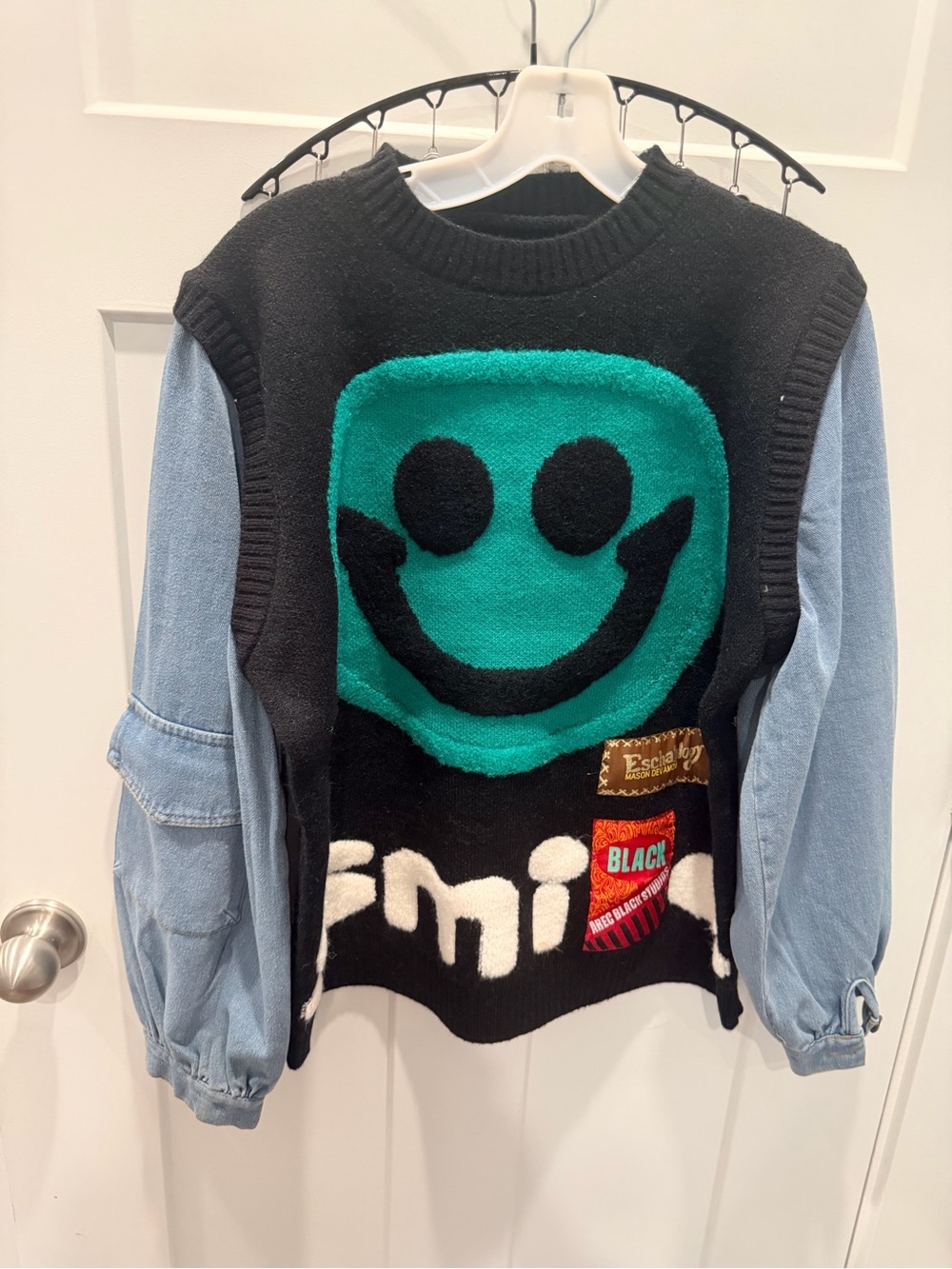 MCG Studios Medium Smiley Sweater Denim Sleeve Mixed Media Y2K Streetwear NWOT